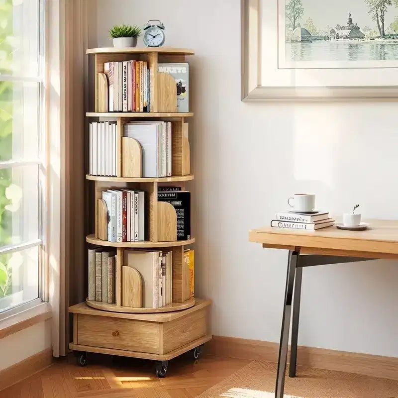 VIYET 56 Estantería giratoria de 5 niveles y 360°, Torre de MDF Roble con ruedas y cajón (Almacenamiento que ahorra espacio para el hogar/oficina)