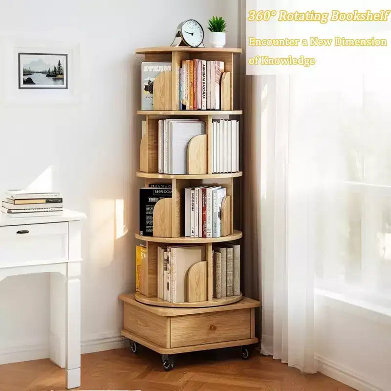 VIYET 56 Estantería giratoria de 5 niveles y 360°, Torre de MDF Roble con ruedas y cajón (Almacenamiento que ahorra espacio para el hogar/oficina)