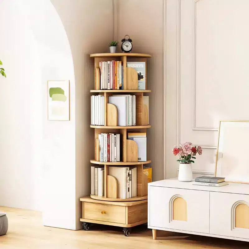 VIYET 56 Estantería giratoria de 5 niveles y 360°, Torre de MDF Roble con ruedas y cajón (Almacenamiento que ahorra espacio para el hogar/oficina)