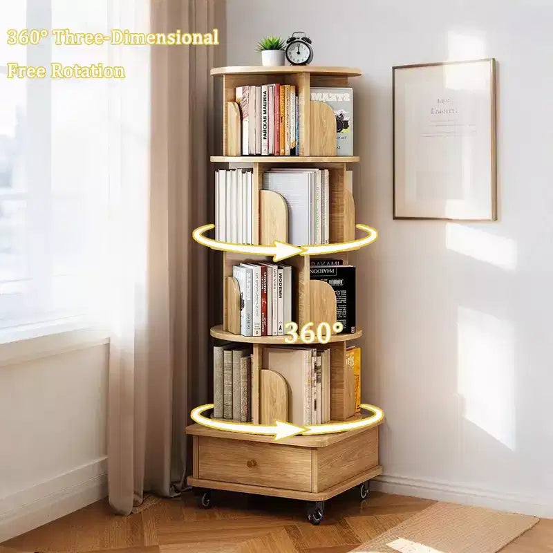VIYET 56 Estantería giratoria de 5 niveles y 360°, Torre de MDF Roble con ruedas y cajón (Almacenamiento que ahorra espacio para el hogar/oficina)