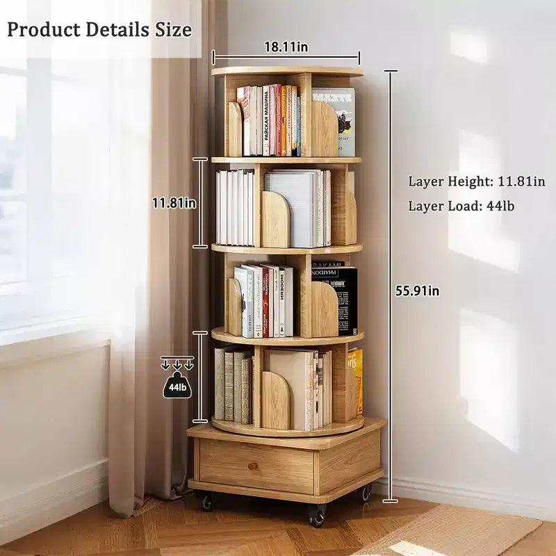 VIYET 56 Estantería giratoria de 5 niveles y 360°, Torre de MDF Roble con ruedas y cajón (Almacenamiento que ahorra espacio para el hogar/oficina)