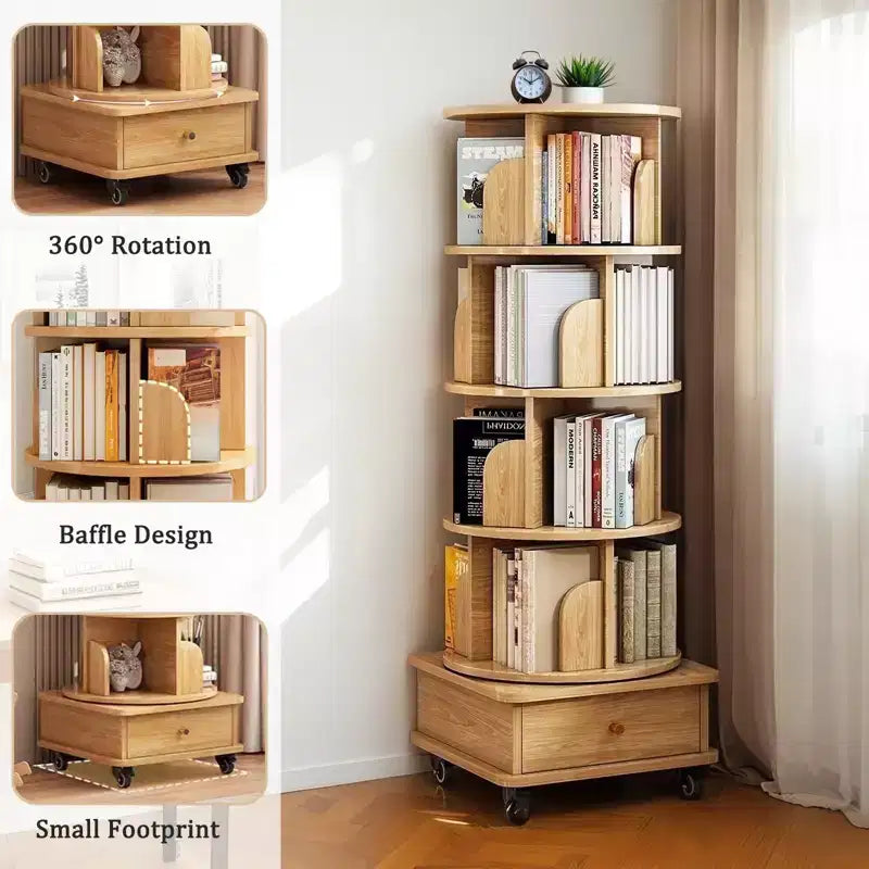 VIYET 56 Estantería giratoria de 5 niveles y 360°, Torre de MDF Roble con ruedas y cajón (Almacenamiento que ahorra espacio para el hogar/oficina)