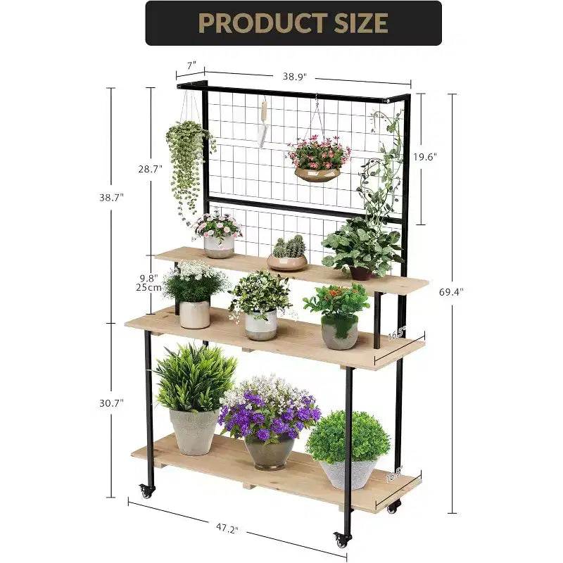 Estante de plantas de pared de rejilla de 3 niveles, exhibidor de rejilla de metal de alta resistencia con estantes y ganchos ajustables, estante de plantas multiusos para interiores y exteriores para jardín, hogar