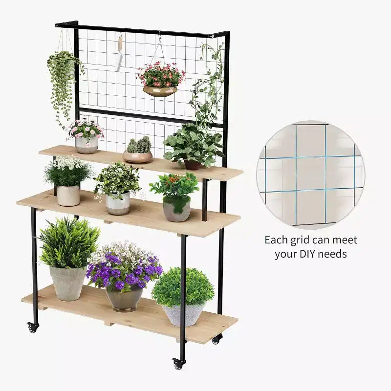 Estante de plantas de pared de rejilla de 3 niveles, exhibidor de rejilla de metal de alta resistencia con estantes y ganchos ajustables, estante de plantas multiusos para interiores y exteriores para jardín, hogar