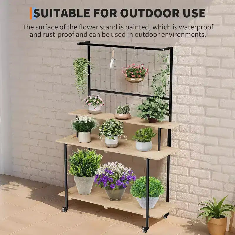 Estante de plantas de pared de rejilla de 3 niveles, exhibidor de rejilla de metal de alta resistencia con estantes y ganchos ajustables, estante de plantas multiusos para interiores y exteriores para jardín, hogar