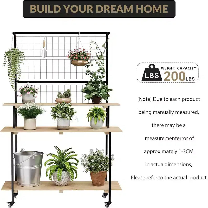 Estante de plantas de pared de rejilla de 3 niveles, exhibidor de rejilla de metal de alta resistencia con estantes y ganchos ajustables, estante de plantas multiusos para interiores y exteriores para jardín, hogar