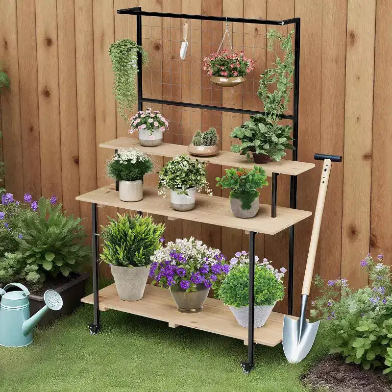 Estante de plantas de pared de rejilla de 3 niveles, exhibidor de rejilla de metal de alta resistencia con estantes y ganchos ajustables, estante de plantas multiusos para interiores y exteriores para jardín, hogar