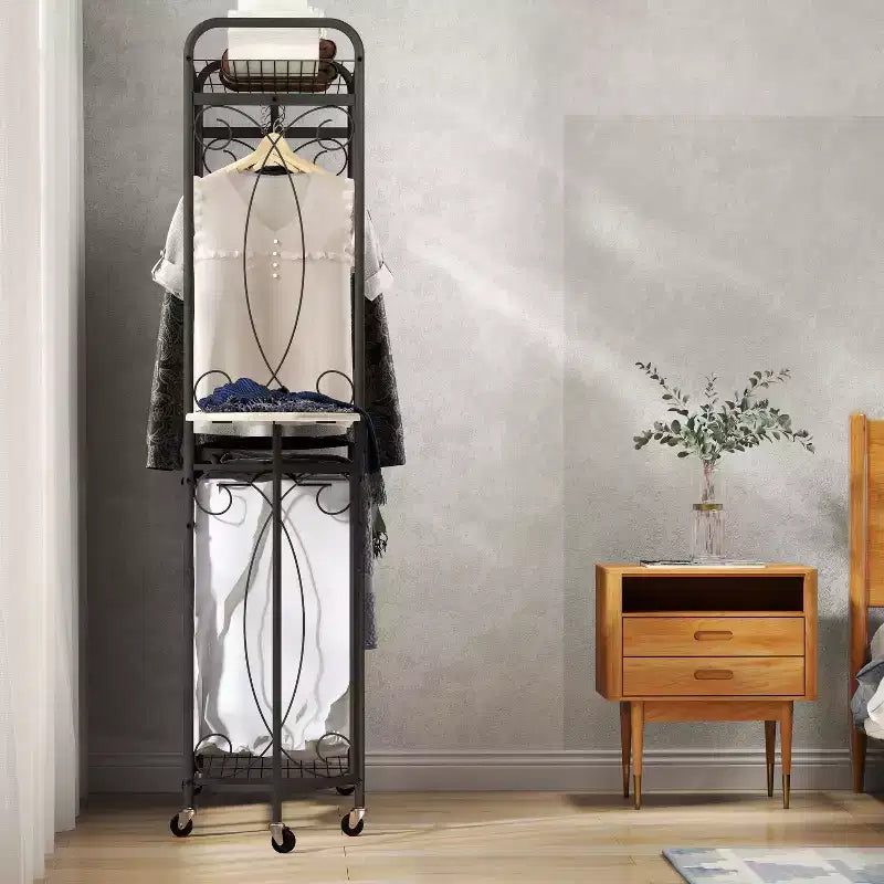 Estante de almacenamiento multifuncional con barras para colgar y estantes, cesta de metal con ruedas, adecuado para baños, lavaderos y dormitorios.