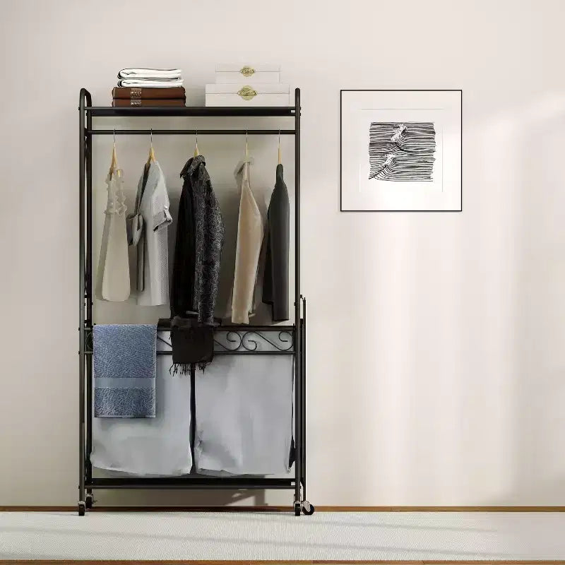 Estante de almacenamiento multifuncional con barras para colgar y estantes, cesta de metal con ruedas, adecuado para baños, lavaderos y dormitorios.