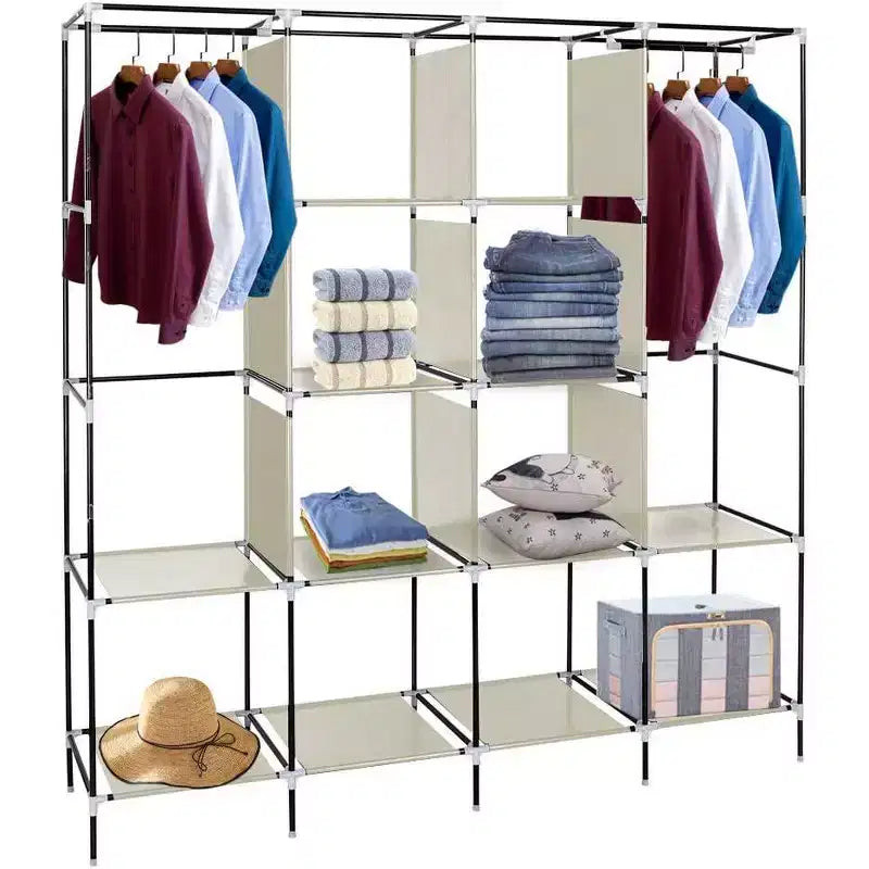 Armario de tela no tejida, gabinete de almacenamiento alto de 4 filas con 4 bolsillos laterales, 169.5x44x168.5/181.5cm, beige, para dormitorio o casa