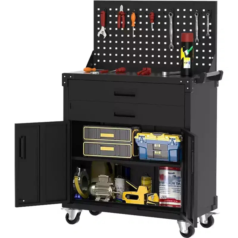 35 Heavy-Duty Steel Rolling Tool Cabinet with 2 Deep Drawers, Adjustable Shelves & Pegboard, Locking Casters, Mobile Garage Storage Organizer
