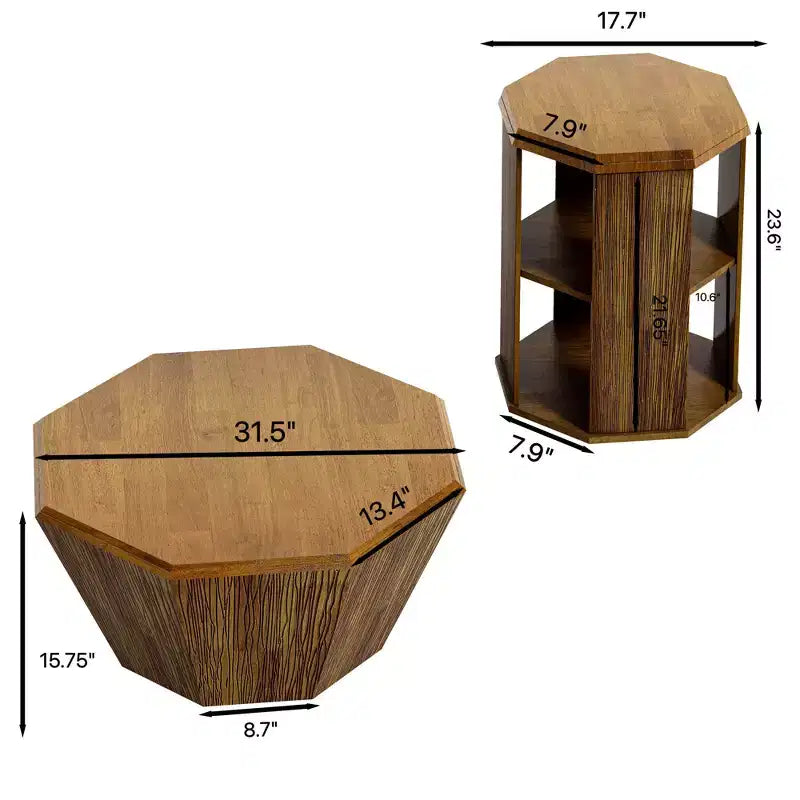 MAYEERTY 31.5 Juego de dos mesas de centro octogonales de madera de caucho natural para sala de estar y dormitorio, beige