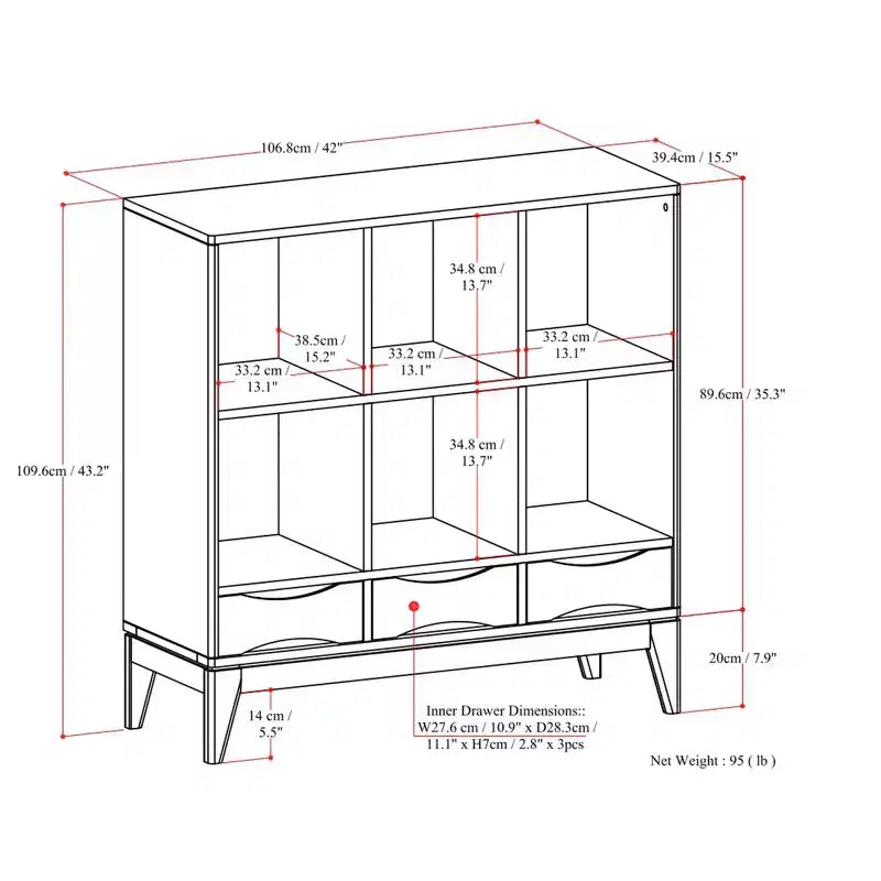 Pearson MADERA DURA SÓLIDA 43 pulgadas x 42 pulgadas Mueble bajo de almacenamiento de 6 cubos moderno de mediados de siglo con cajones en nogal marrón