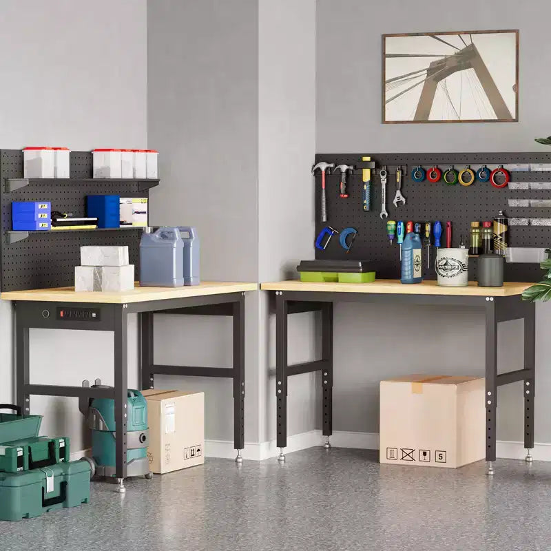 Banco de trabajo de altura ajustable de 60 pulgadas, capacidad máxima de 2200 libras, mesa de trabajo de madera, estación de trabajo de alta resistencia para garaje, taller, hogar, oficina