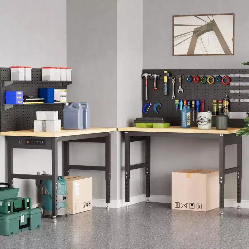 Banco de trabajo de altura ajustable de 60 pulgadas, capacidad máxima de 2200 libras, mesa de trabajo de madera, estación de trabajo de alta resistencia para garaje, taller, hogar, oficina