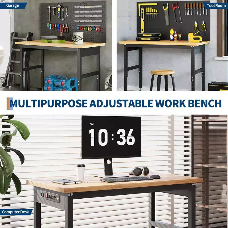 Banco de trabajo de altura ajustable de 60 pulgadas, capacidad máxima de 2200 libras, mesa de trabajo de madera, estación de trabajo de alta resistencia para garaje, taller, hogar, oficina