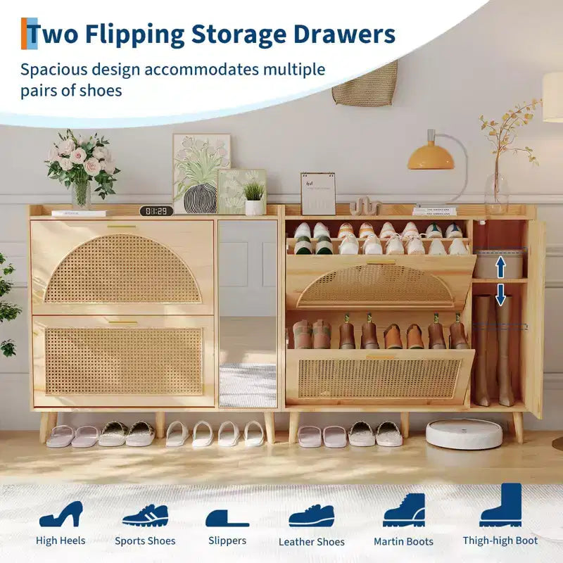 Zapatero, Mueble de entrada, Mueble de ratán natural con 2 cajones abatibles y estantes ajustables con espejo