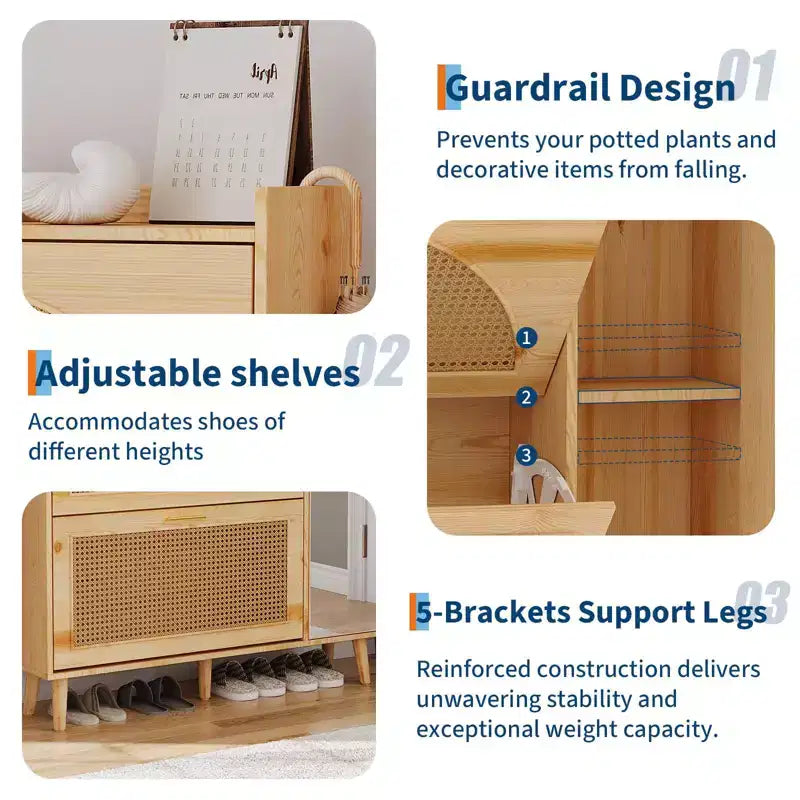 Zapatero, Mueble de entrada, Mueble de ratán natural con 2 cajones abatibles y estantes ajustables con espejo