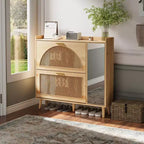 Zapatero, Mueble de entrada, Mueble de ratán natural con 2 cajones abatibles y estantes ajustables con espejo