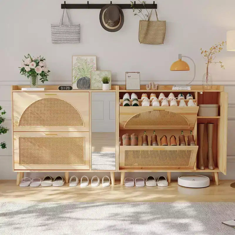 Zapatero, Mueble de entrada, Mueble de ratán natural con 2 cajones abatibles y estantes ajustables con espejo