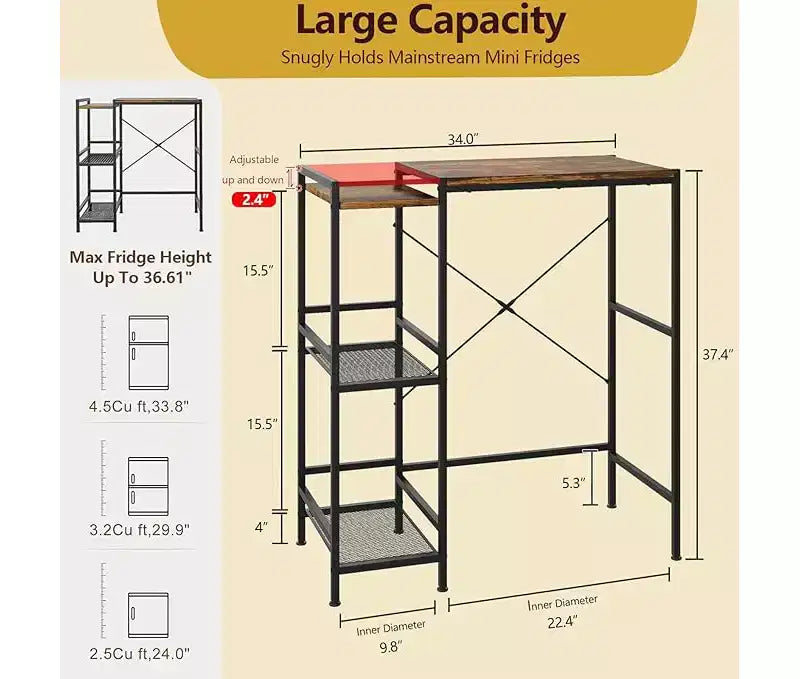 Soporte de refrigerador con estante de almacenamiento, estante superior ajustable para microondas y barra de café, soporte de TV para dormitorio, apartamento, cocina, oficina en marrón rústico