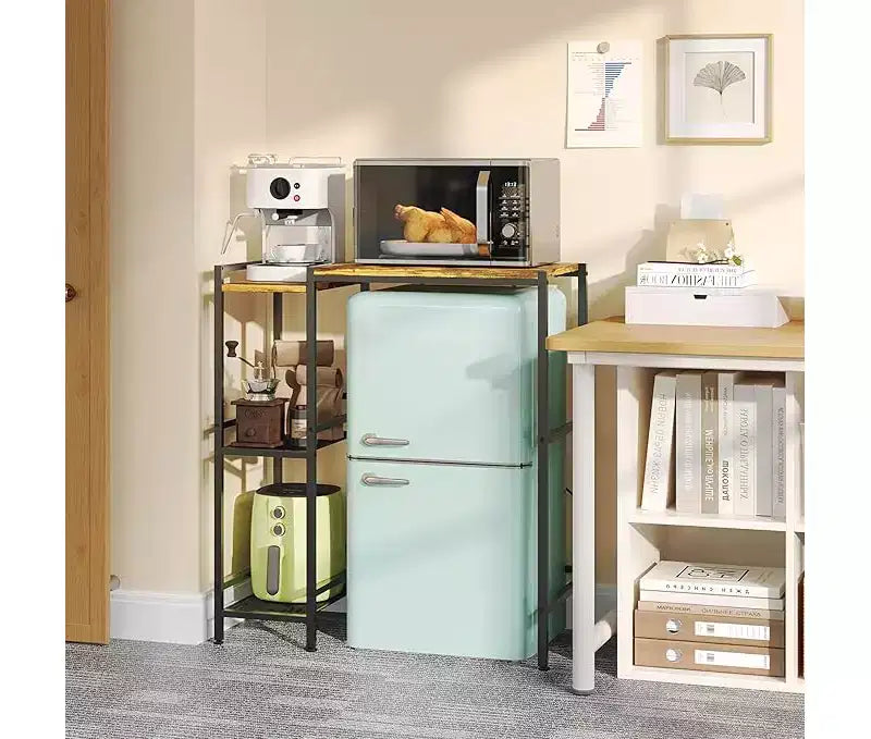 Soporte de refrigerador con estante de almacenamiento, estante superior ajustable para microondas y barra de café, soporte de TV para dormitorio, apartamento, cocina, oficina en marrón rústico
