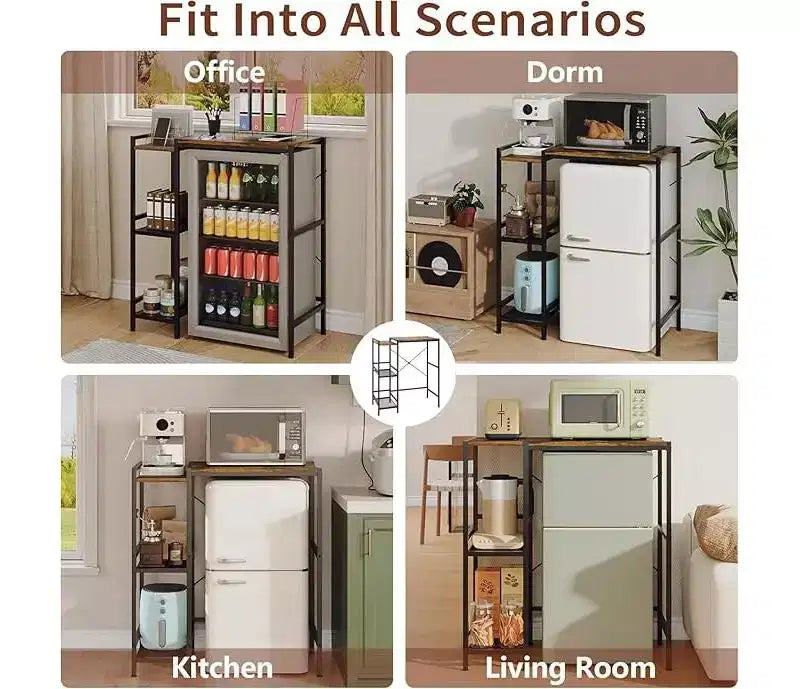 Soporte de refrigerador con estante de almacenamiento, estante superior ajustable para microondas y barra de café, soporte de TV para dormitorio, apartamento, cocina, oficina en marrón rústico