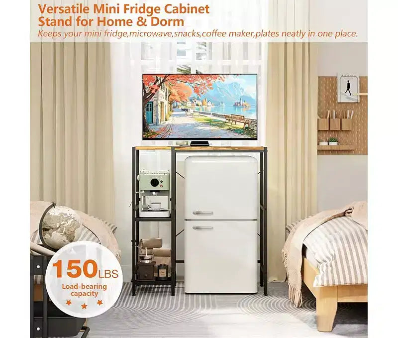 Soporte de refrigerador con estante de almacenamiento, estante superior ajustable para microondas y barra de café, soporte de TV para dormitorio, apartamento, cocina, oficina en marrón rústico