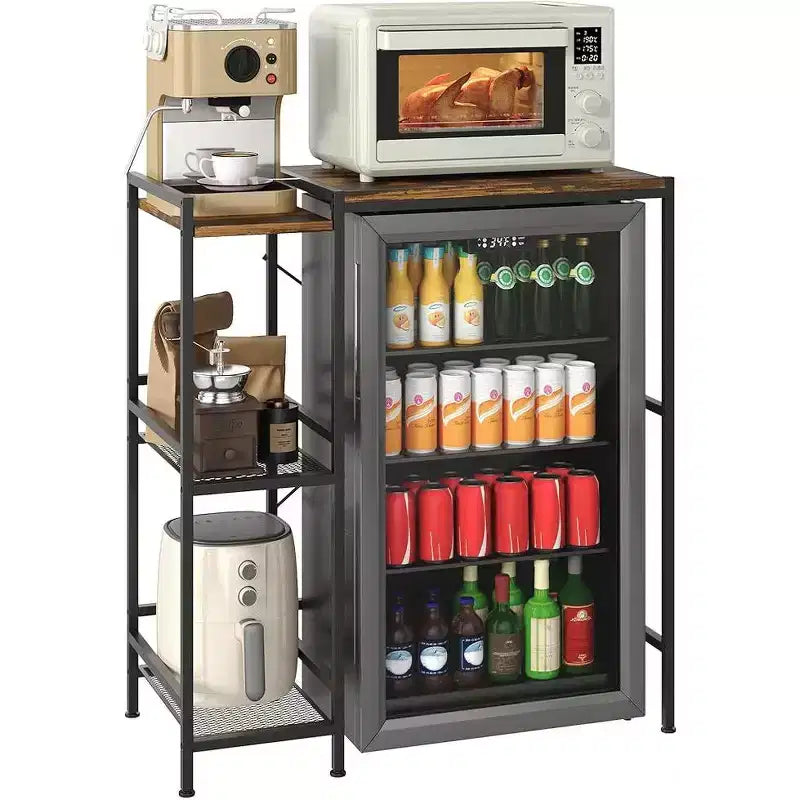Soporte de refrigerador con estante de almacenamiento, estante superior ajustable para microondas y barra de café, soporte de TV para dormitorio, apartamento, cocina, oficina en marrón rústico