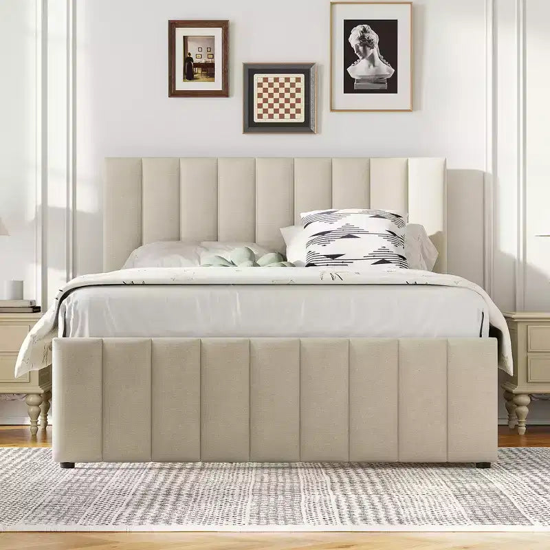 Cama de plataforma tapizada de tamaño completo con cama nido individual y 3 cajones, tela de lino, beige