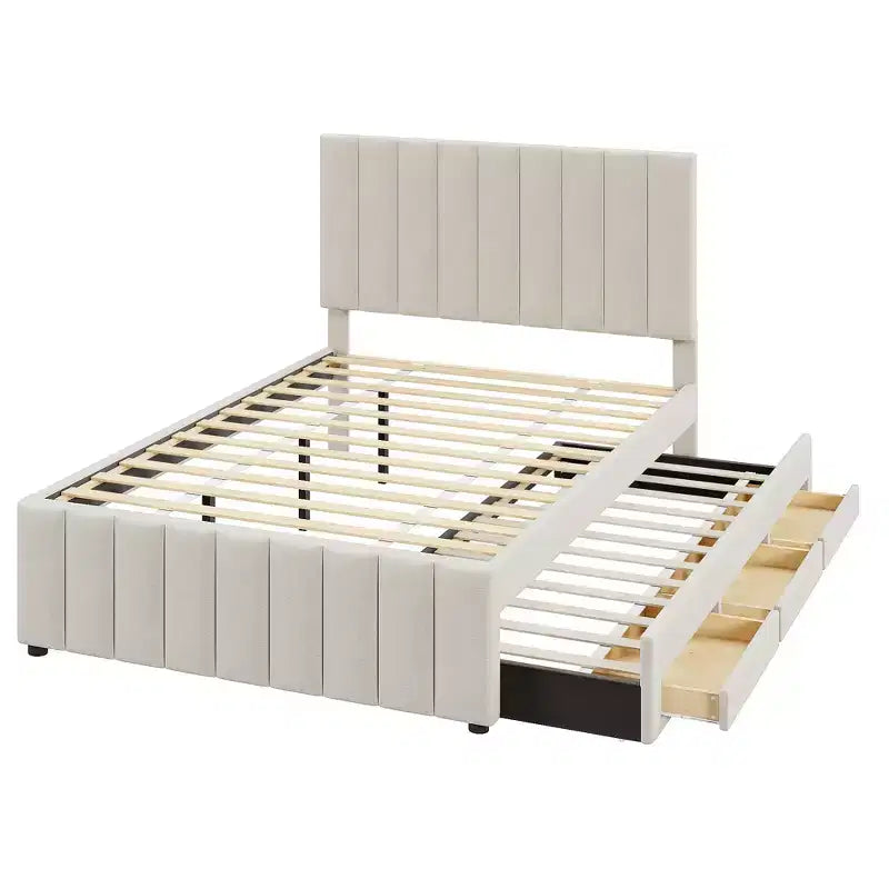 Cama de plataforma tapizada de tamaño completo con cama nido individual y 3 cajones, tela de lino, beige