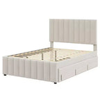 Cama de plataforma tapizada de tamaño completo con cama nido individual y 3 cajones, tela de lino, beige