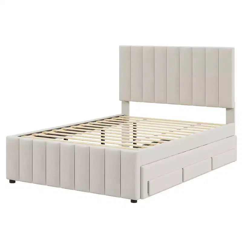 Cama de plataforma tapizada de tamaño completo con cama nido individual y 3 cajones, tela de lino, beige