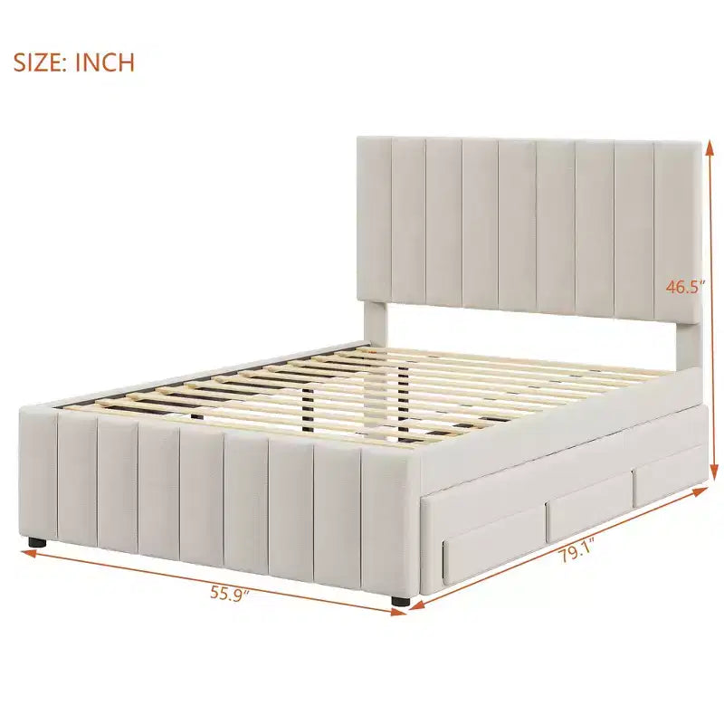 Cama de plataforma tapizada de tamaño completo con cama nido individual y 3 cajones, tela de lino, beige