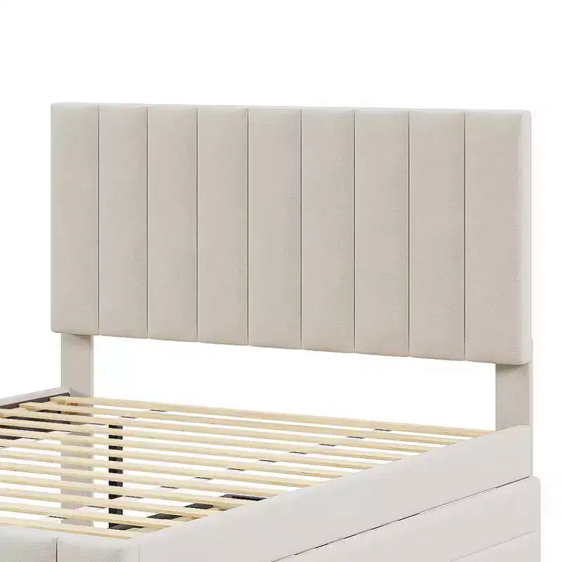 Cama de plataforma tapizada de tamaño completo con cama nido individual y 3 cajones, tela de lino, beige
