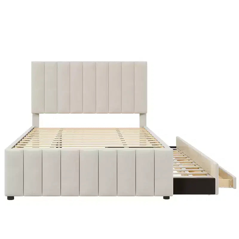 Cama de plataforma tapizada de tamaño completo con cama nido individual y 3 cajones, tela de lino, beige
