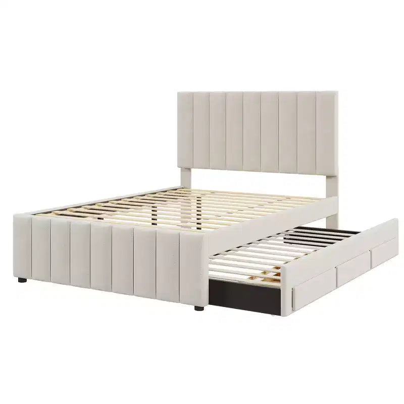 Cama de plataforma tapizada de tamaño completo con cama nido individual y 3 cajones, tela de lino, beige