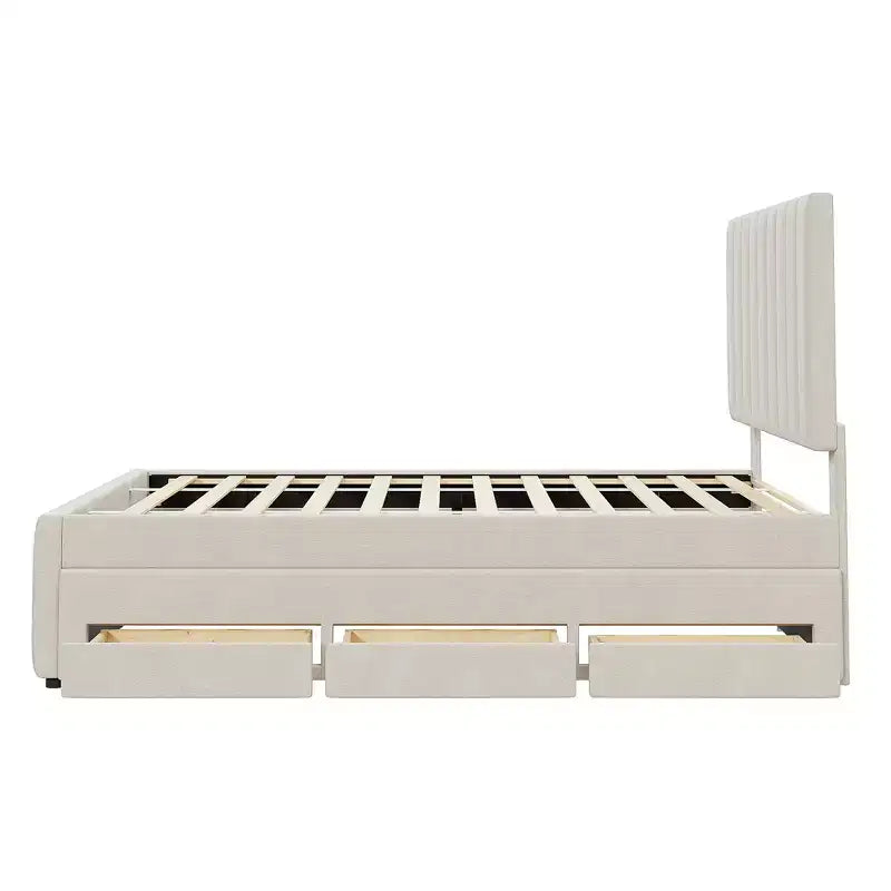 Cama de plataforma tapizada de tamaño completo con cama nido individual y 3 cajones, tela de lino, beige