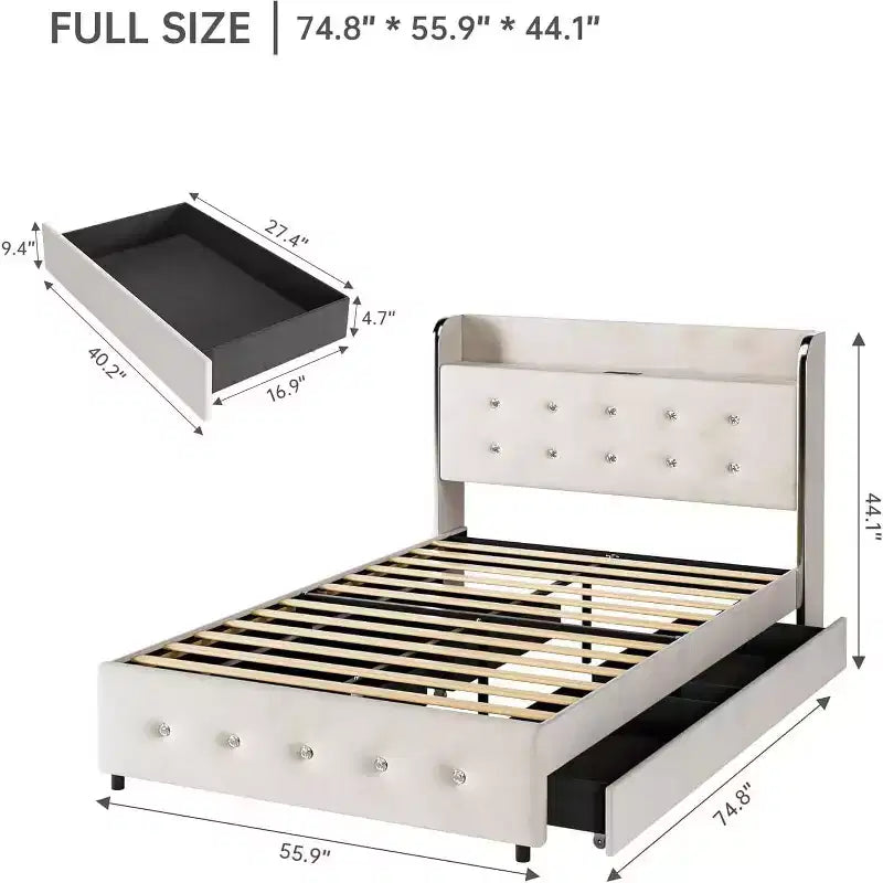 Estructura de cama matrimonial con cabecero de almacenamiento, tapizado de terciopelo, estructura de cama de plataforma con 4 cajones y soporte de listones de madera, diseño sin ruidos
