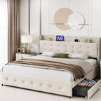 Estructura de cama matrimonial con cabecero de almacenamiento, tapizado de terciopelo, estructura de cama de plataforma con 4 cajones y soporte de listones de madera, diseño sin ruidos