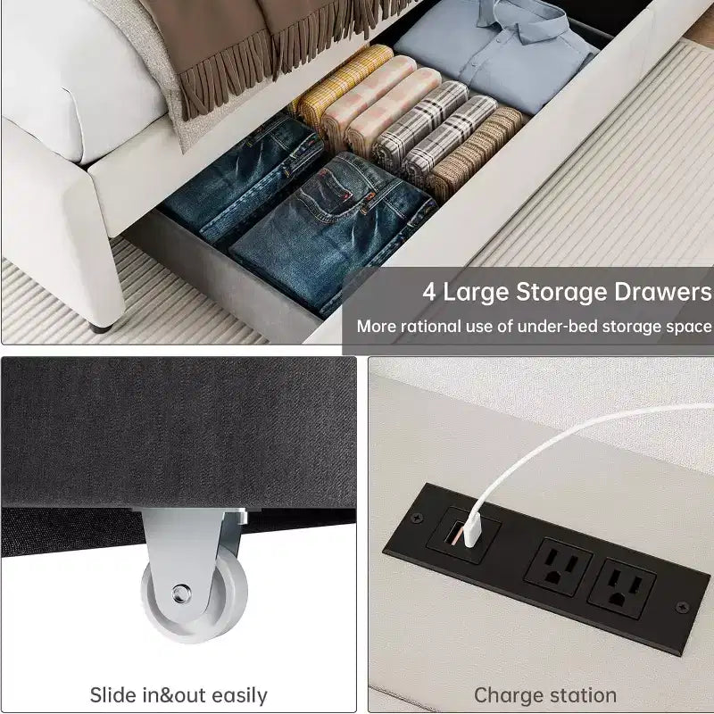 Estructura de cama matrimonial con cabecero de almacenamiento, tapizado de terciopelo, estructura de cama de plataforma con 4 cajones y soporte de listones de madera, diseño sin ruidos