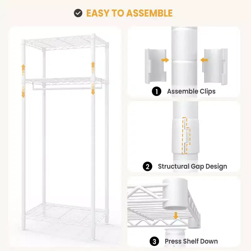 Estante de ropa de alta resistencia con estantes ajustables, organizador de ropa de metal independiente con barra para colgar para dormitorio, lavadero o dormitorio universitario, blanco
