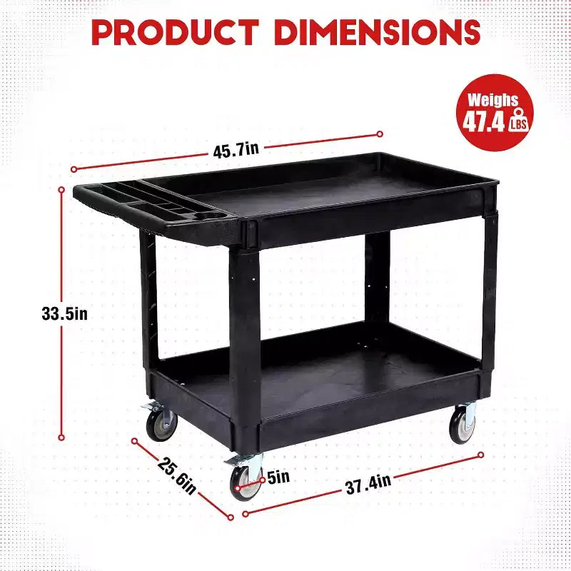 Carro utilitario de alta resistencia de 2 estantes con capacidad de 550 libras, ruedas giratorias de 360° con frenos para almacén, garaje, cocina, 45.7x25.6 pulgadas