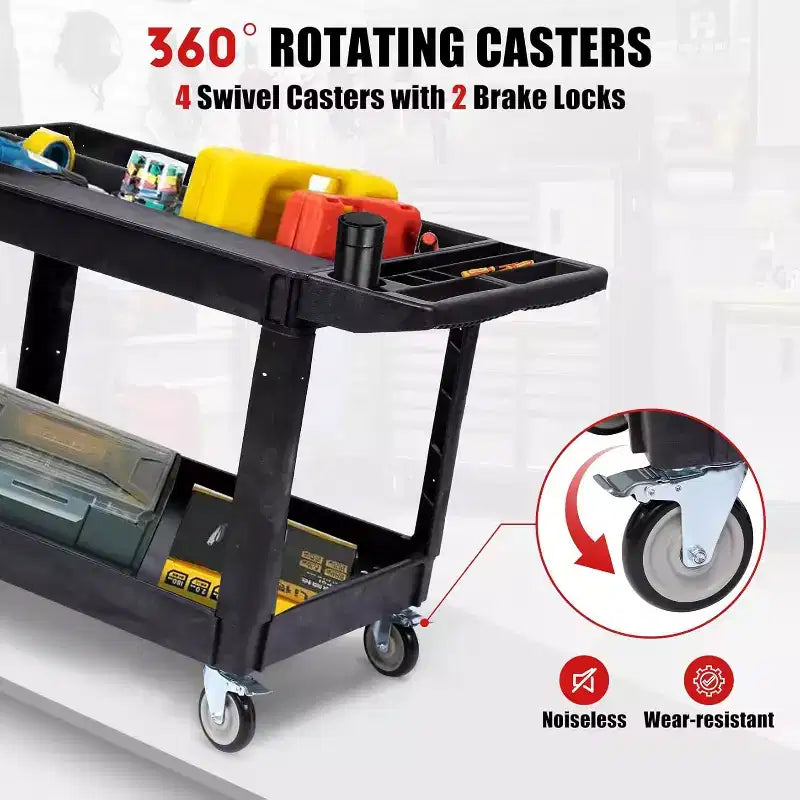 Carro utilitario de alta resistencia de 2 estantes con capacidad de 550 libras, ruedas giratorias de 360° con frenos para almacén, garaje, cocina, 45.7x25.6 pulgadas