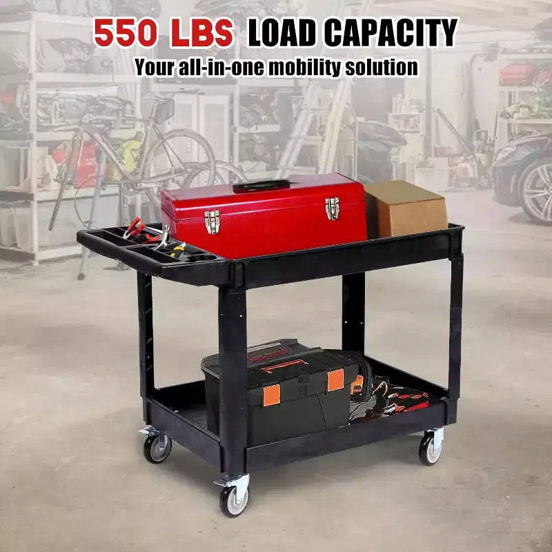Carro utilitario de alta resistencia de 2 estantes con capacidad de 550 libras, ruedas giratorias de 360° con frenos para almacén, garaje, cocina, 45.7x25.6 pulgadas