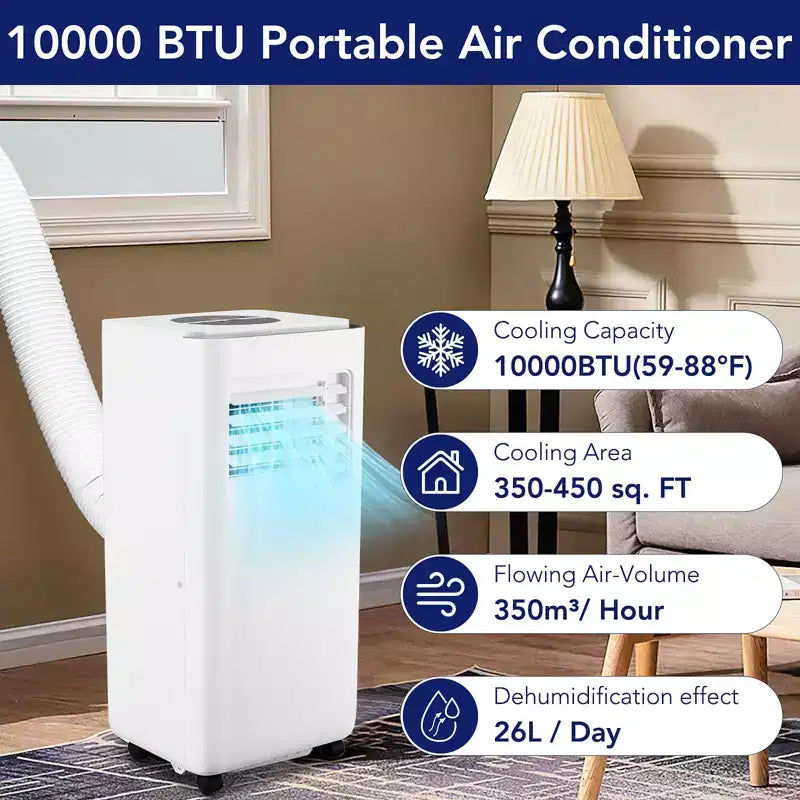 Acekool 10,000 BTU Portable Air Conditioner, 3-in-1 Cooling Fan Dehumidifier, 24H Timer, Easy-Move AC for Rooms up to 450 Sq Ft