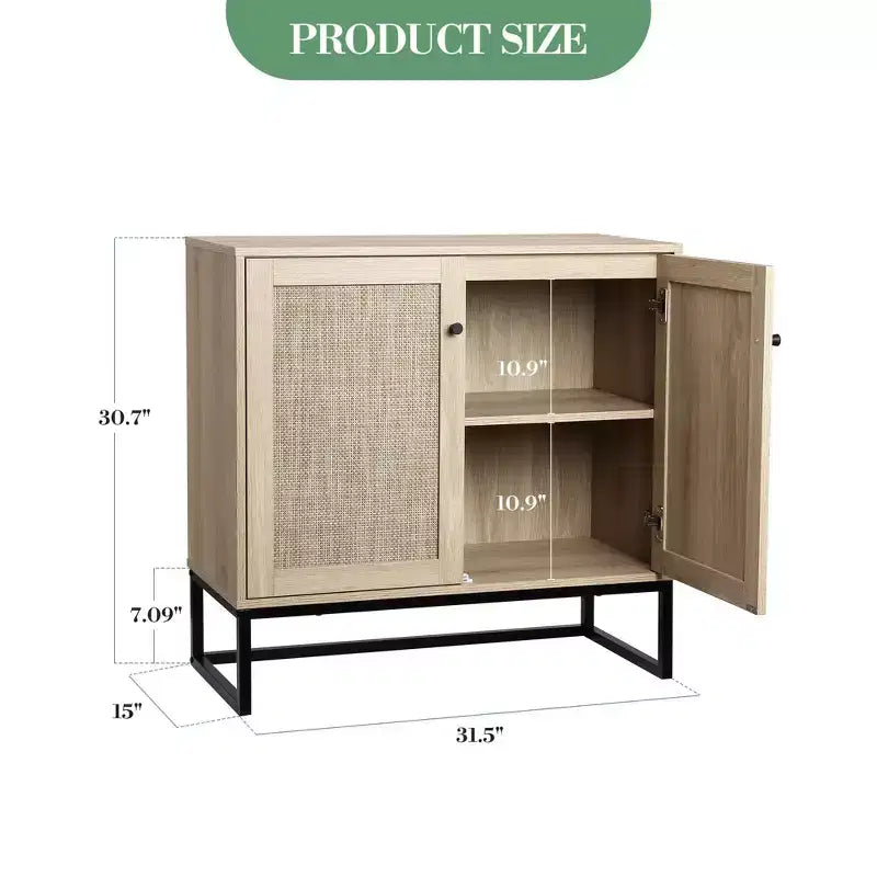 COZONY Aparador rústico de 2 puertas con ratán, mueble auxiliar, mesa consola rústica con almacenamiento, alacena de cocina multifuncional