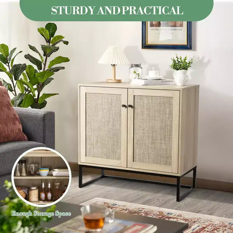 COZONY Aparador rústico de 2 puertas con ratán, mueble auxiliar, mesa consola rústica con almacenamiento, alacena de cocina multifuncional