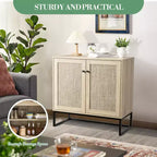COZONY Aparador rústico de 2 puertas con ratán, mueble auxiliar, mesa consola rústica con almacenamiento, alacena de cocina multifuncional