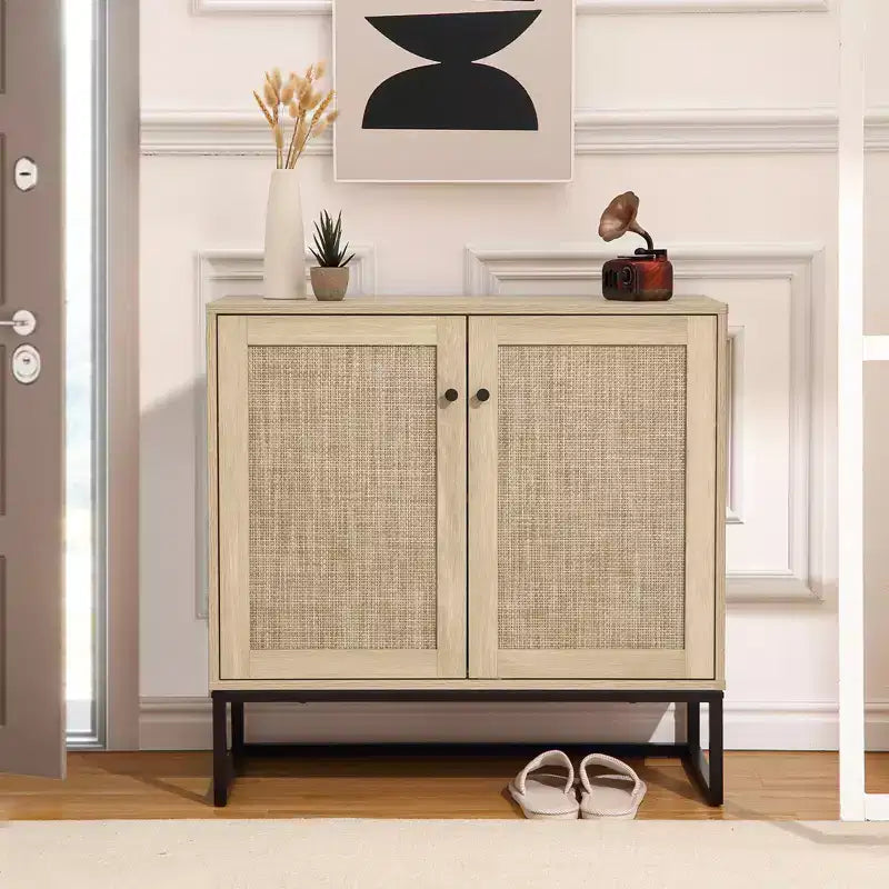 COZONY Aparador rústico de 2 puertas con ratán, mueble auxiliar, mesa consola rústica con almacenamiento, alacena de cocina multifuncional